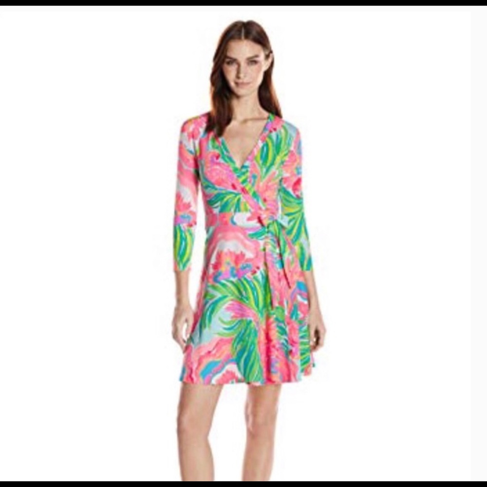 Lilly Pulitzer Emilia Wrap Dress Paradise Bound 3/4 Sleeve Size XXS.